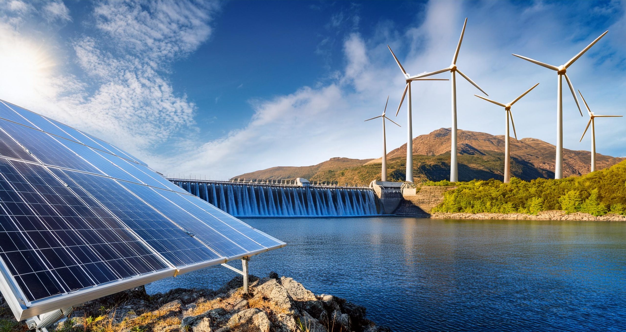 Külək enerjisi — günəş panelləri, su elektrik stansiyası və külək turbinləri